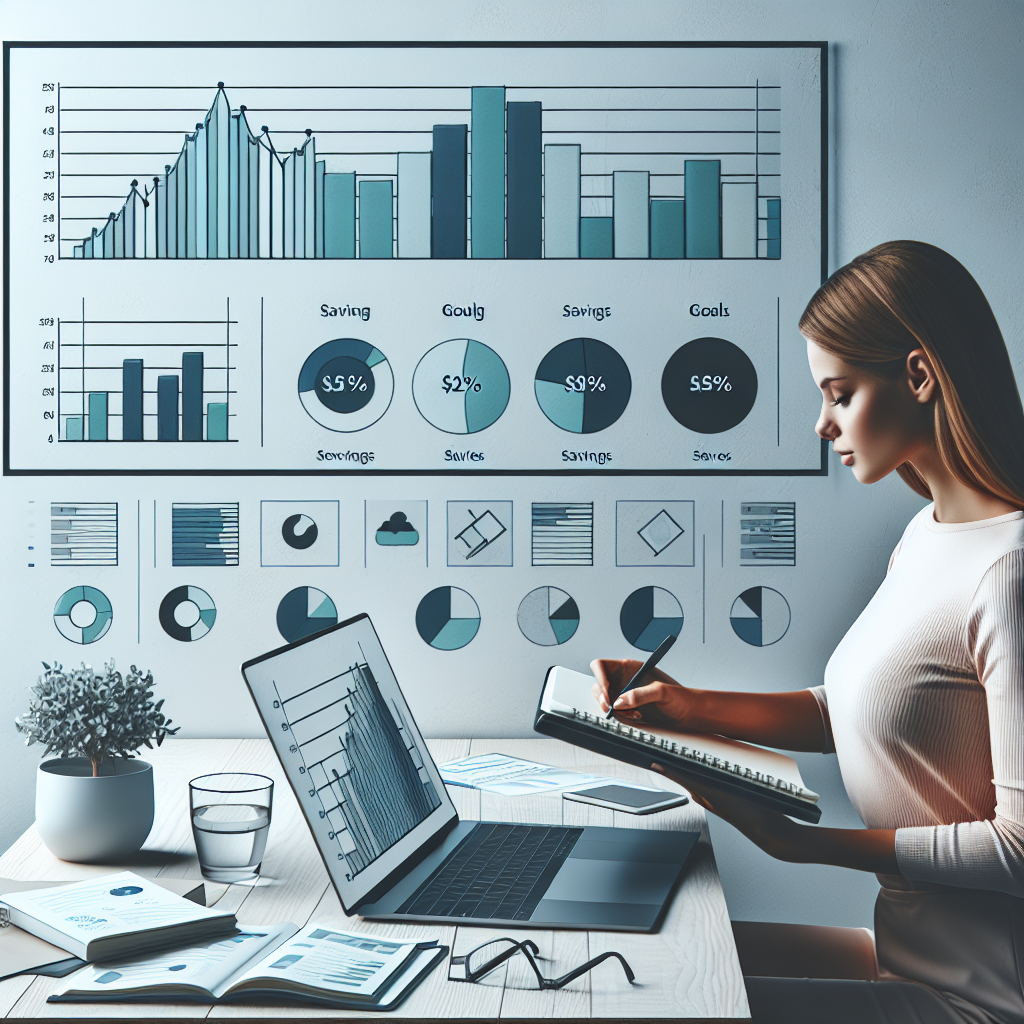 Detailed financial planning charts with color-coded savings goals displayed on a laptop while a young adult takes notes in a minimalistic workspace.