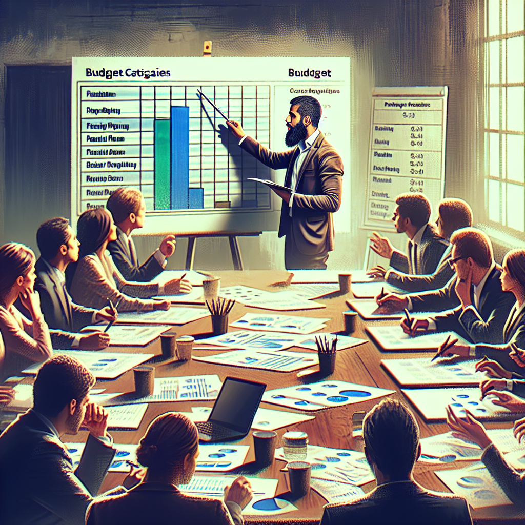 Group workshop overview with financial planning worksheets sprawled across a conference table while an advisor explains budget categories using a large wall chart.