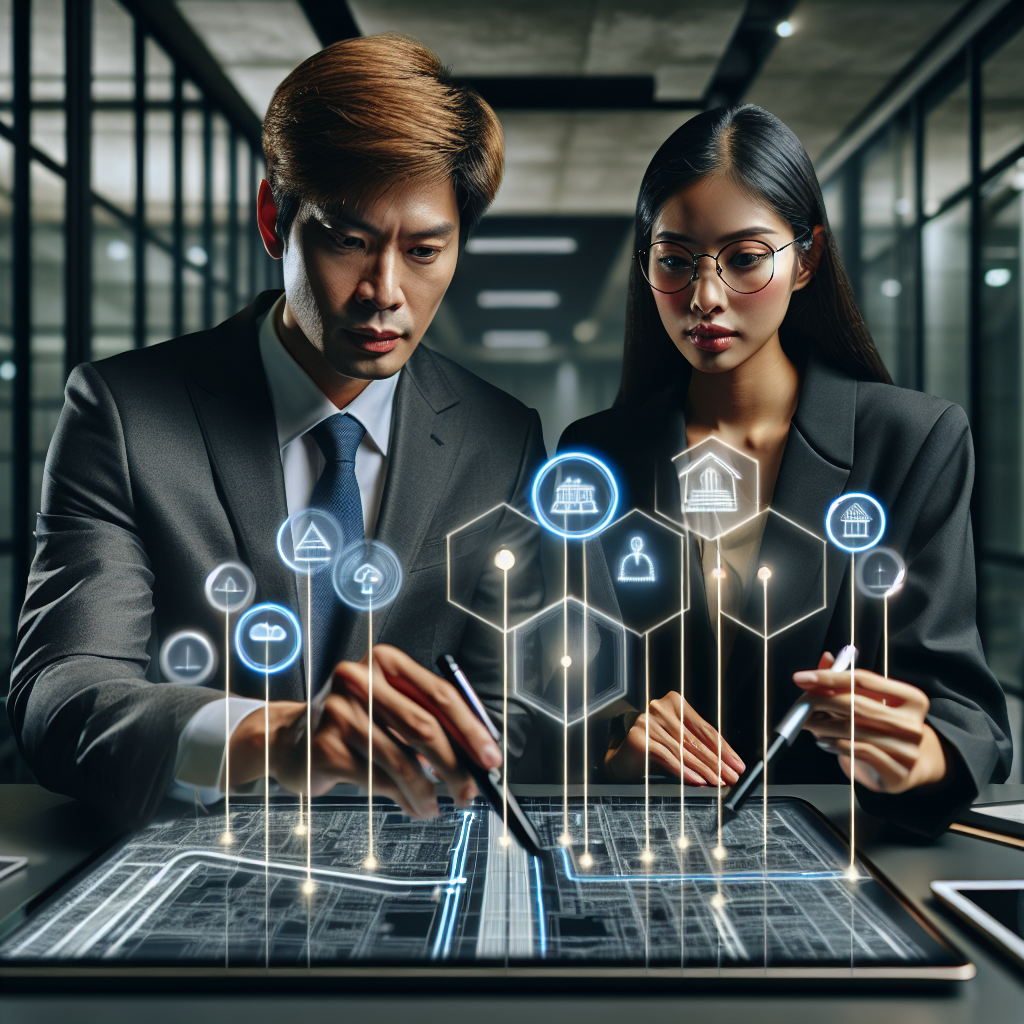 Two financial planning consultants reviewing a structured roadmap on a large display while highlighting key milestones for clients in a modern office.