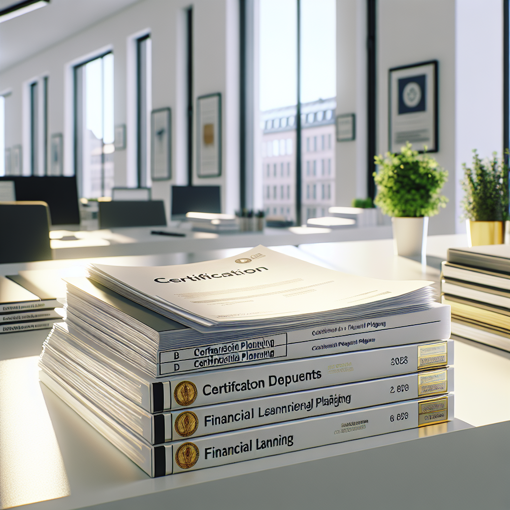 Close-up of certification documents and financial planning manuals neatly arranged on a white desk in a bright Berlin office.