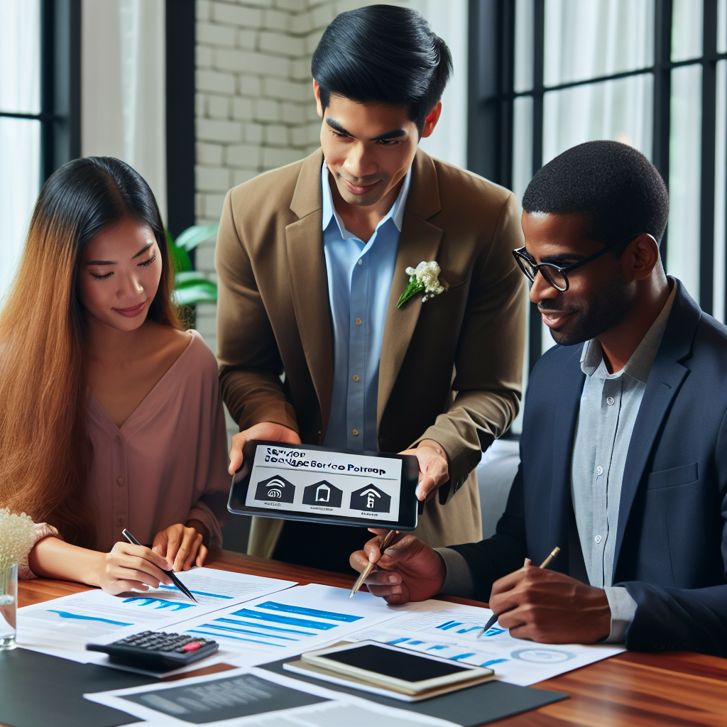 Financial planning advisor presenting service packages on a tablet while clients review their budget roadmap at a collaborative table.