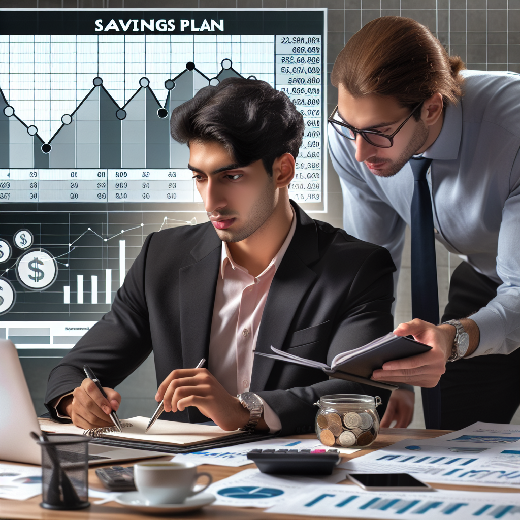 Young professional reviewing a savings plan spreadsheet with highlighted milestones while an advisor explains investment basics on a laptop.