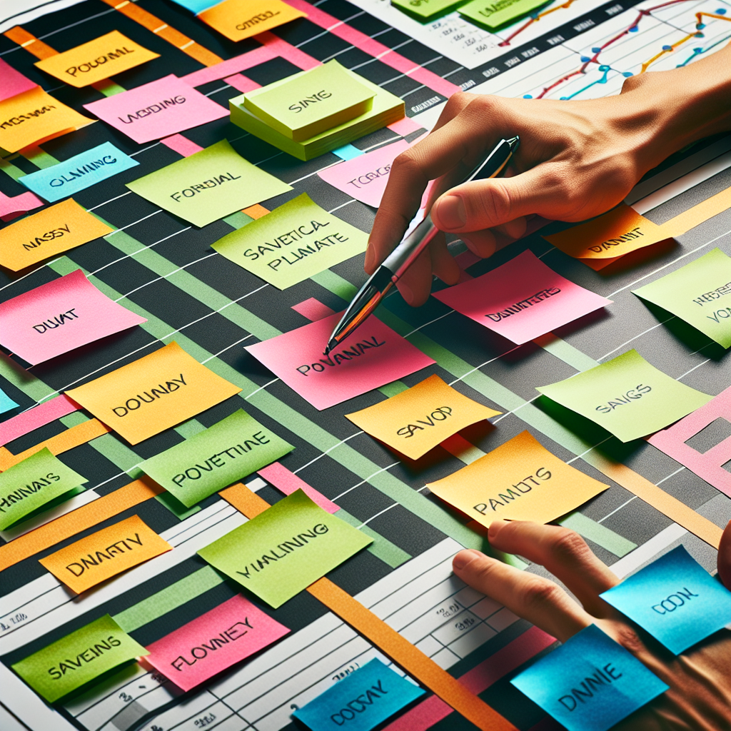 Planner marking financial milestones on a timeline chart with color-coded sticky notes representing life events and savings priorities.