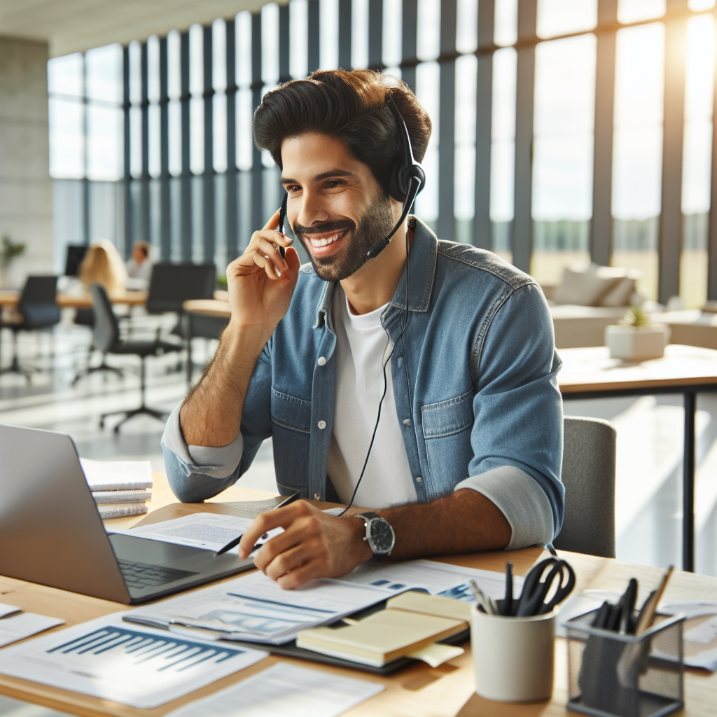 Friendly customer support specialist speaking on the phone while reviewing financial planning notes in a bright office environment.
